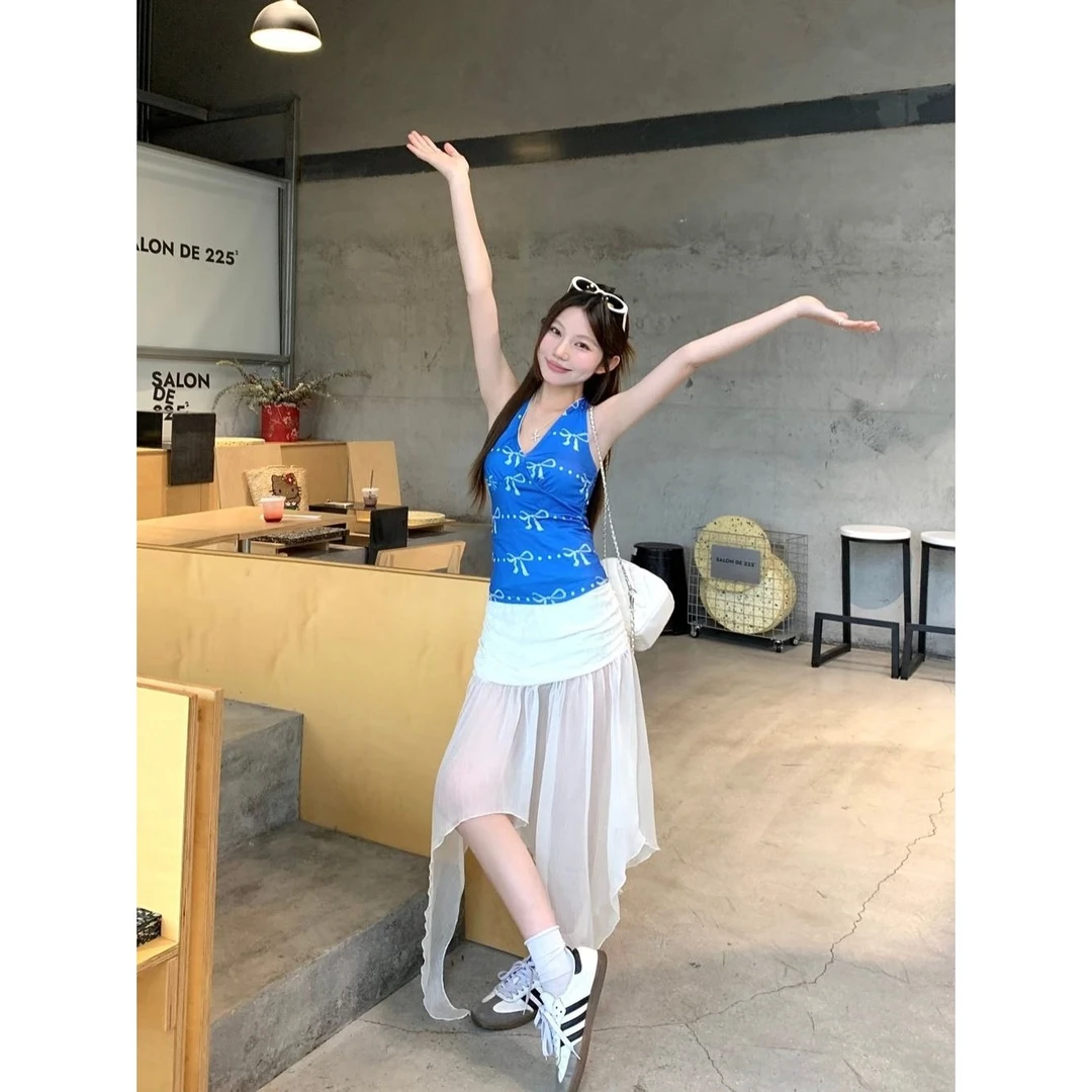 蝴蝶结印花挂脖背心高腰不规则网纱半身裙套装女夏季新款辣妹穿搭