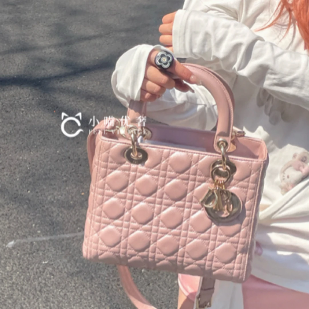 95新 DIOR/迪奥 Ladydior珠光粉色羊皮金扣五格戴妃包 16年