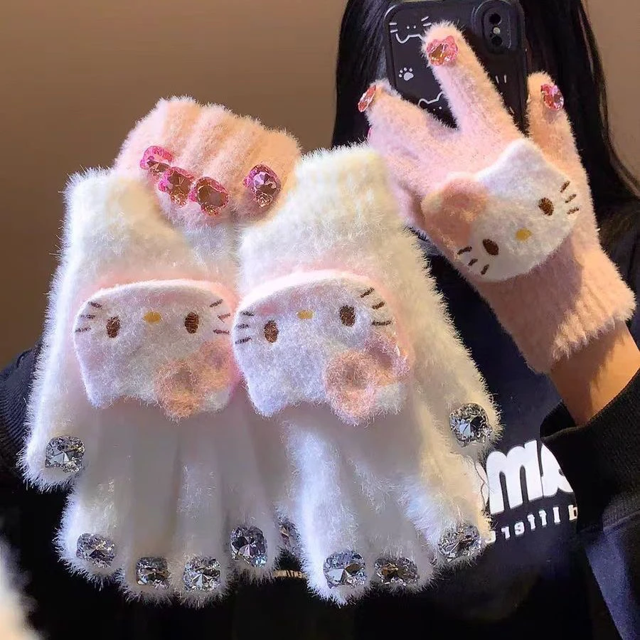 甜美少女心Kitty女可爱冬天保暖加厚毛绒儿童成人手套秋冬季学生