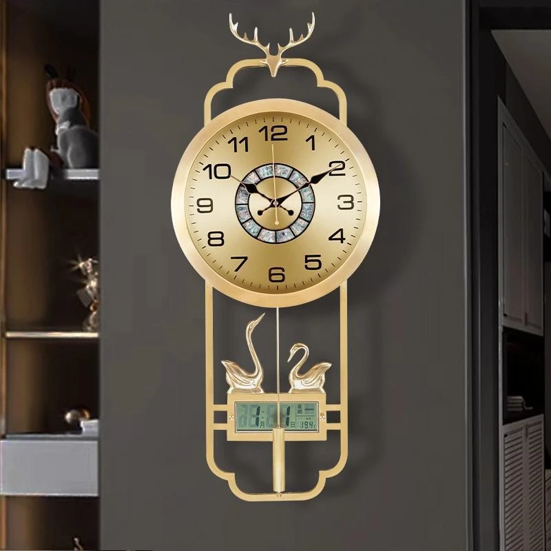 黄铜轻奢挂钟时钟装饰摇摆创意日历壁钟新中式时钟客厅静音钟表31