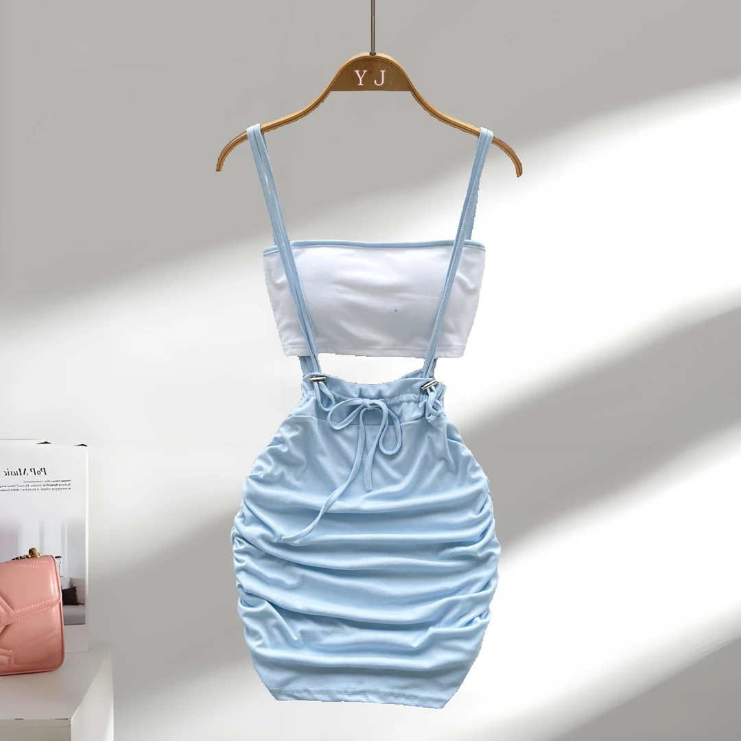 法式纯欲辣妹套装带胸垫短款吊带小背心褶皱包臀吊带短裙洋气衣服