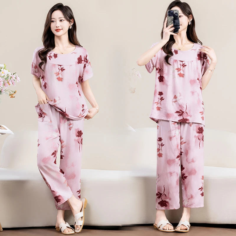 睡衣女短袖长裤人造棉绸中老年人妈妈绵绸薄款女士夏季家居服套装