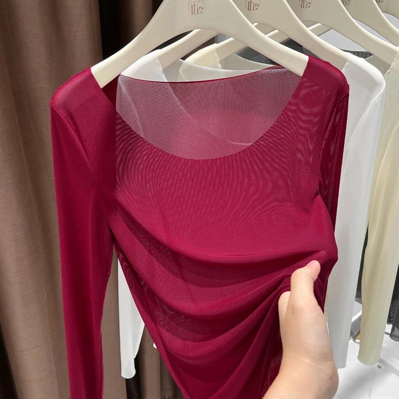 新款安可拉红色蕾丝打底衫女春秋季薄款内搭镂空透视网纱长袖上衣