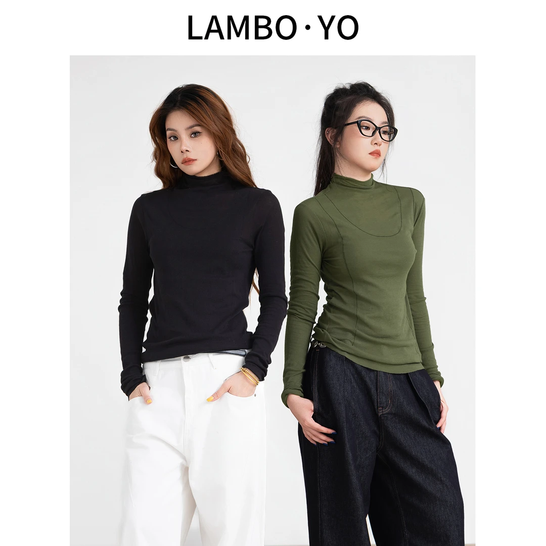 LAMBOYO2025秋季秋日开场白半高领针织长袖T