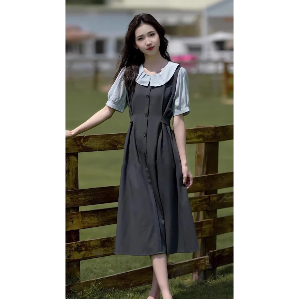 时尚休闲假两件连衣裙女2025夏季新款小众设计感减龄复古收腰长裙