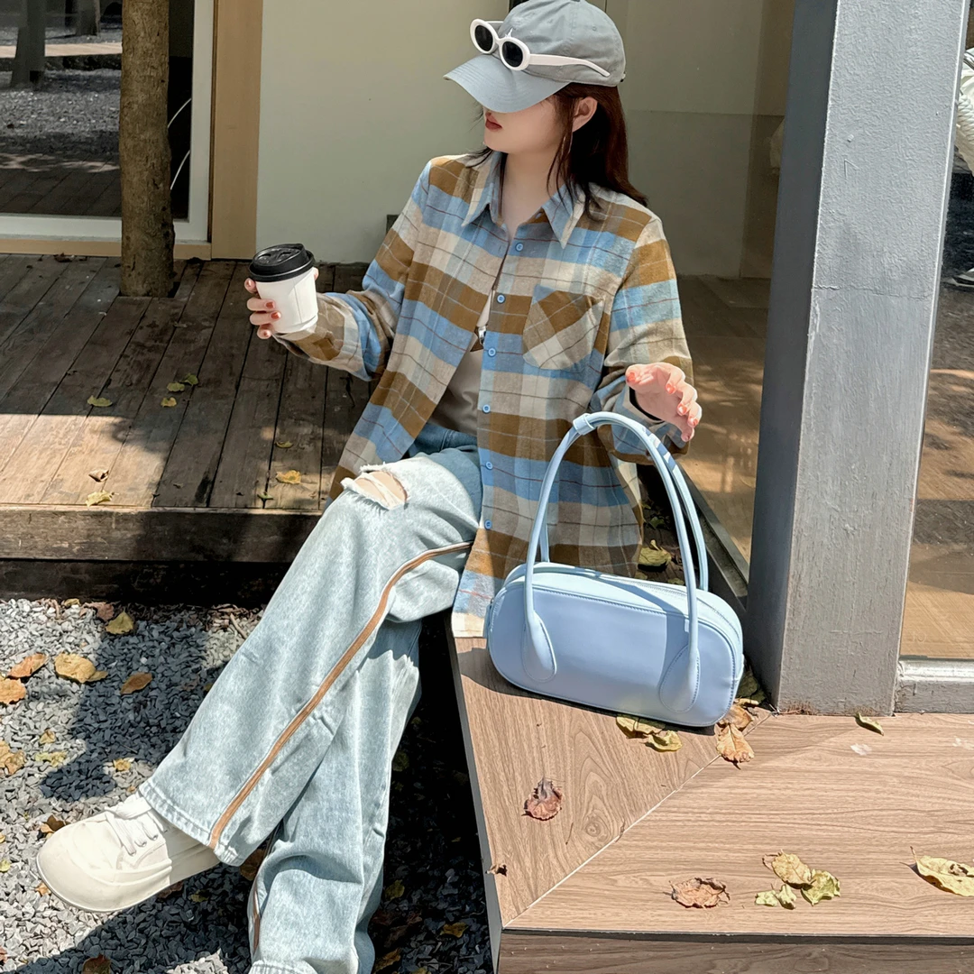 2025秋季新款复古千禧风大码女装格子衬衣吊带破洞牛仔裤三件套装