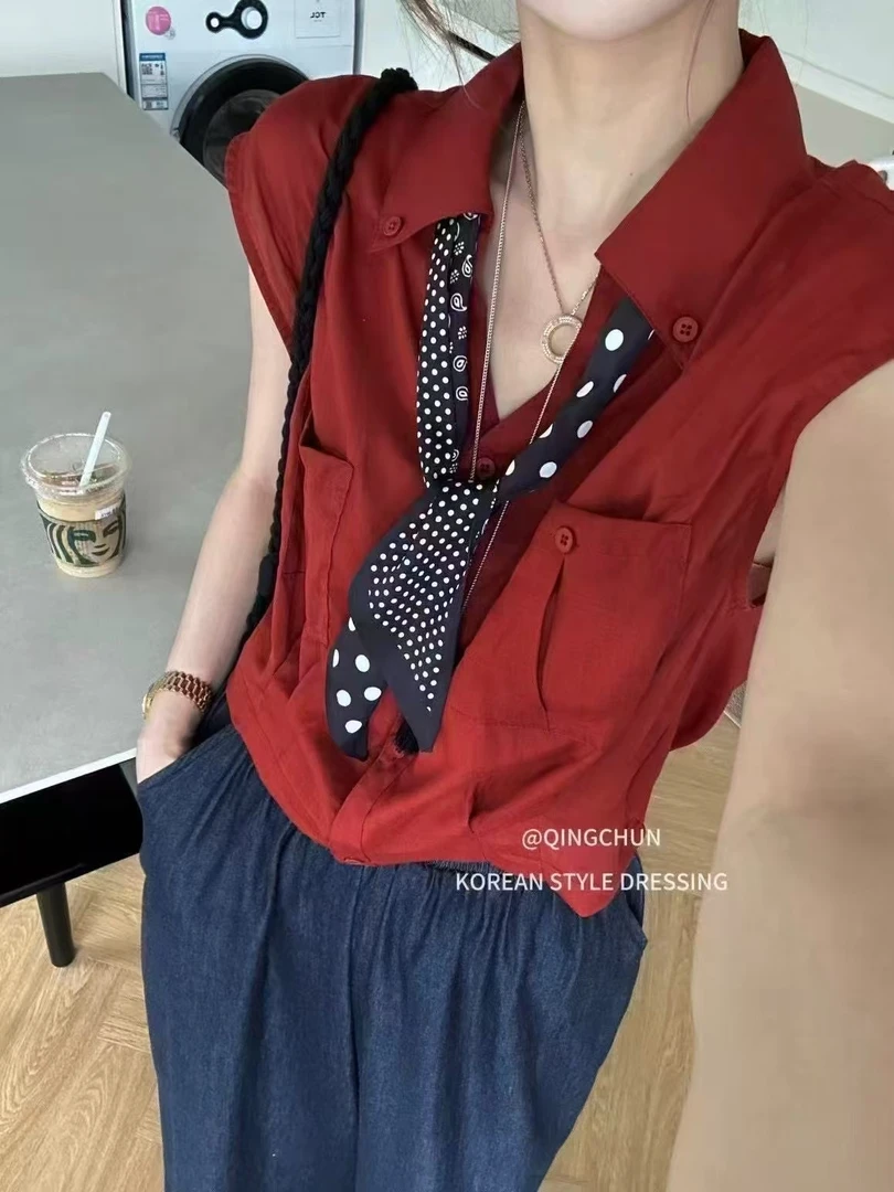 25207#夏季无袖衬衣纯色薄款防紫外线衬衫设计感百搭韩版休闲上衣