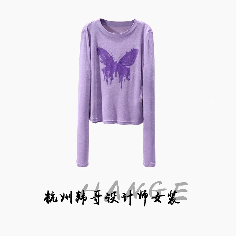 【韩哥女装】2025秋冬新品轻紫色蝴蝶印花时尚高弹打底上衣10092