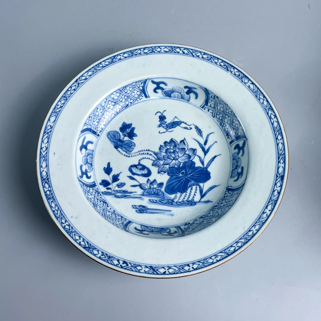 瓷器/古董清康熙青花荷花纹盘M25BH005738古玩/收藏/文物/绣花张