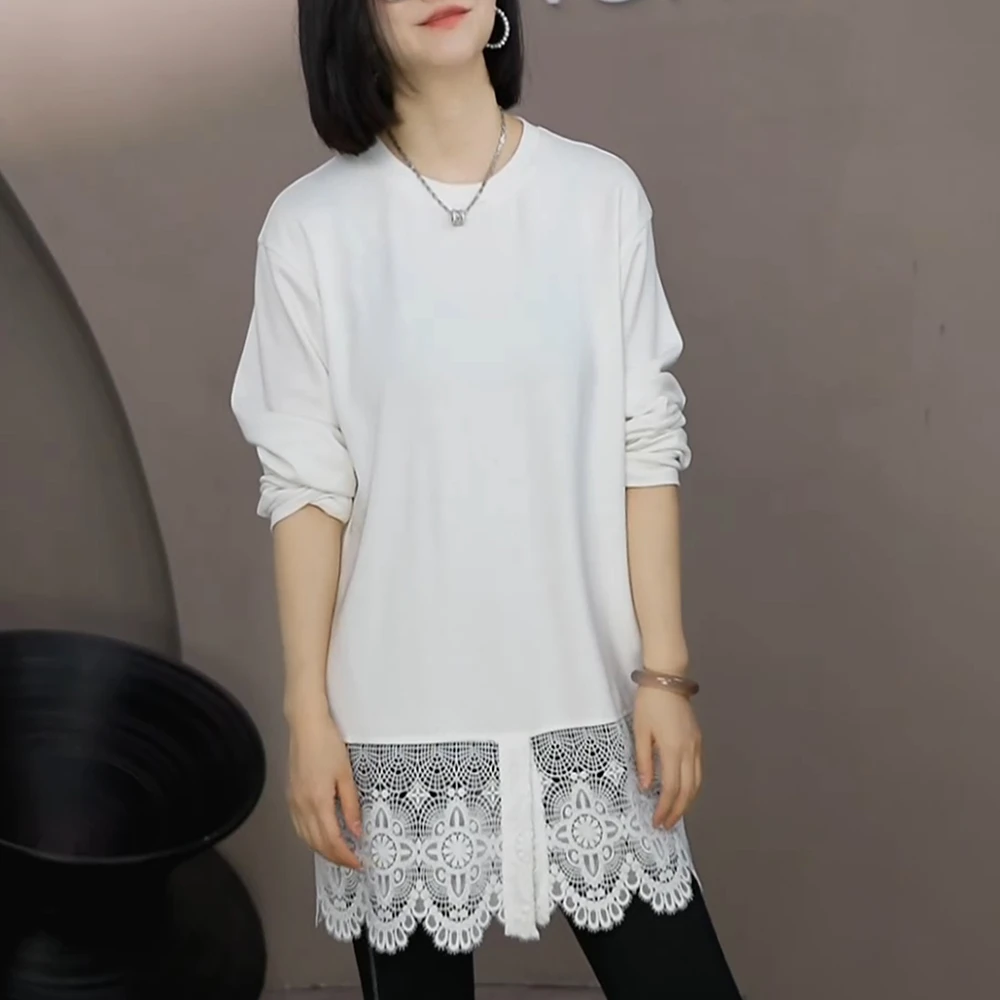 2025早秋蕾丝白色拼接t恤女宽松显瘦内搭中长款遮屁股打底衫上衣
