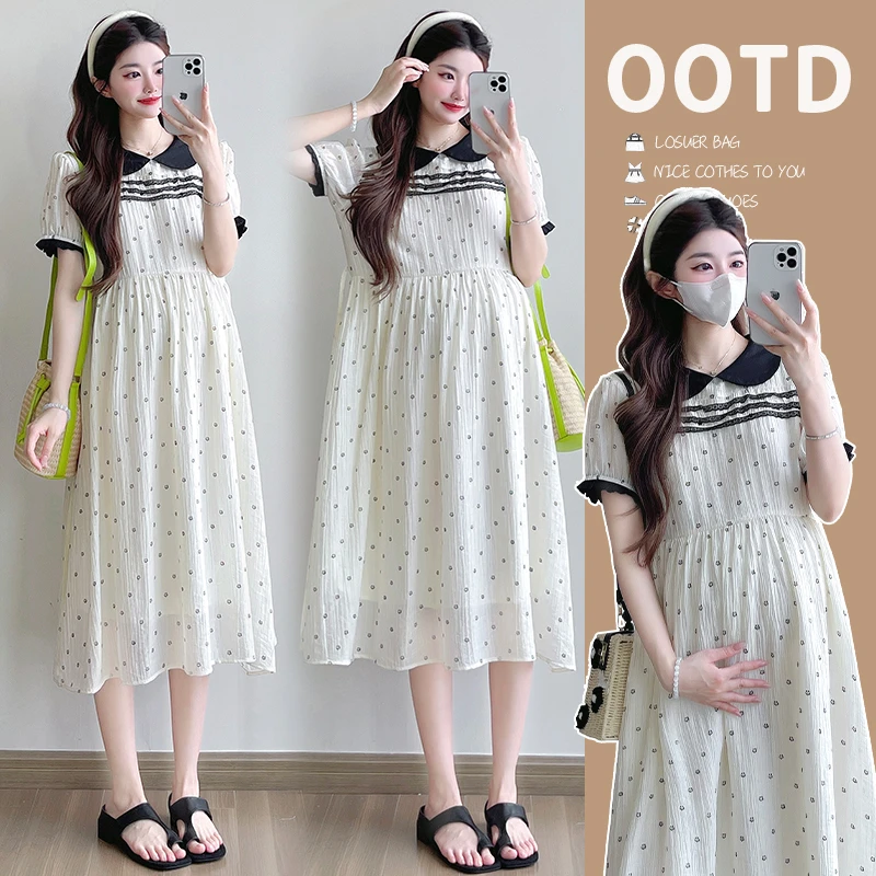 孕妇新款夏季黑色波点小花撞色蕾丝花边宽松显瘦中长款孕妇连衣裙