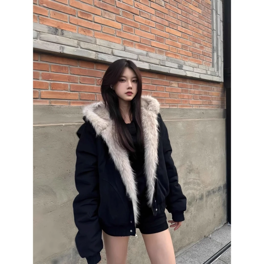 国潮座山雕毛绒连帽棉服男女2025冬季美式cleanfit高级感加厚棉衣