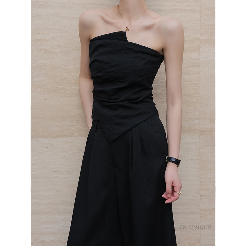 酒窝定制 黑色套装女2025夏季新款不规则抹胸上衣阔腿长裤两件套