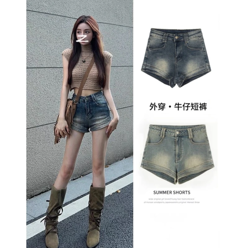 美式复古高街牛仔短裤女夏季薄款辣妹高腰修身显瘦a字热裤9050