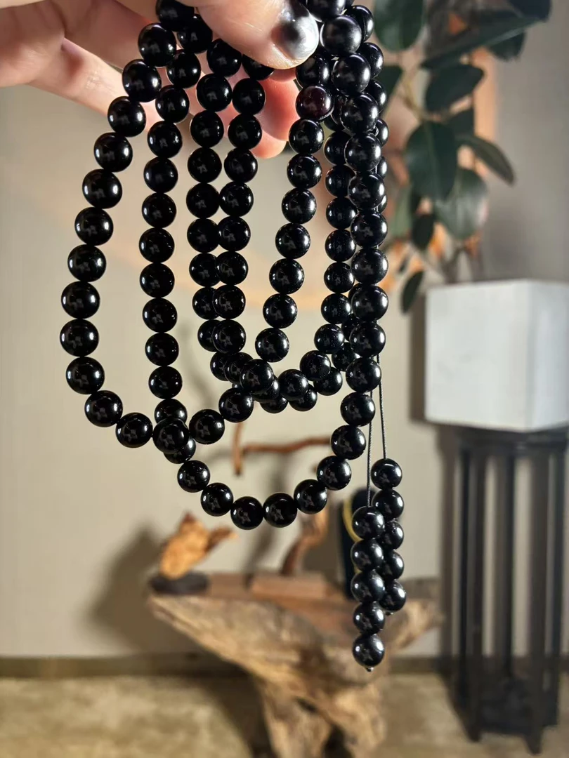 8mm缅甸天然翳珀108佛珠 时尚经典酷炫 黑色男女新中式小众饰品