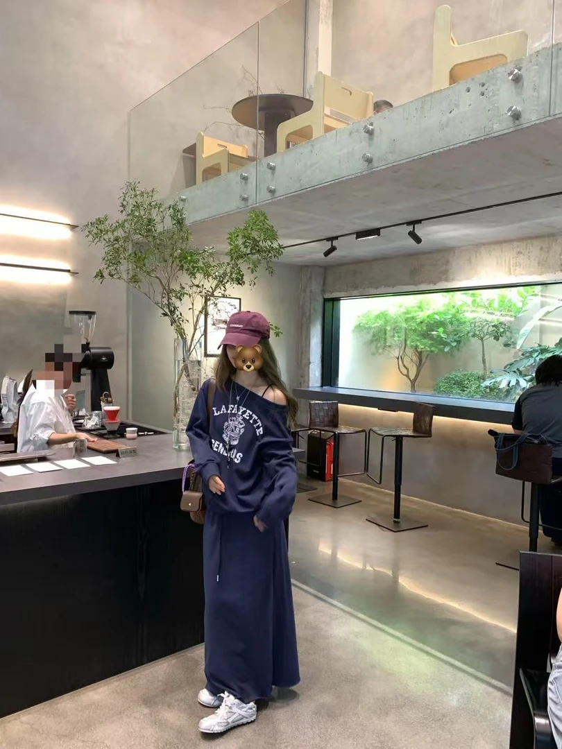 【青仓款】套装 高质感线圈棉韩版斜肩卫衣+松紧腰半身长裙  8110