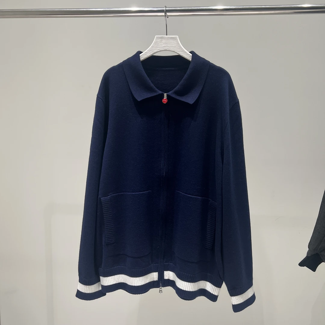 【丝光羊毛】长袖无性别秋冬季常规款撞色翻领毛衣开衫设计师蓝色