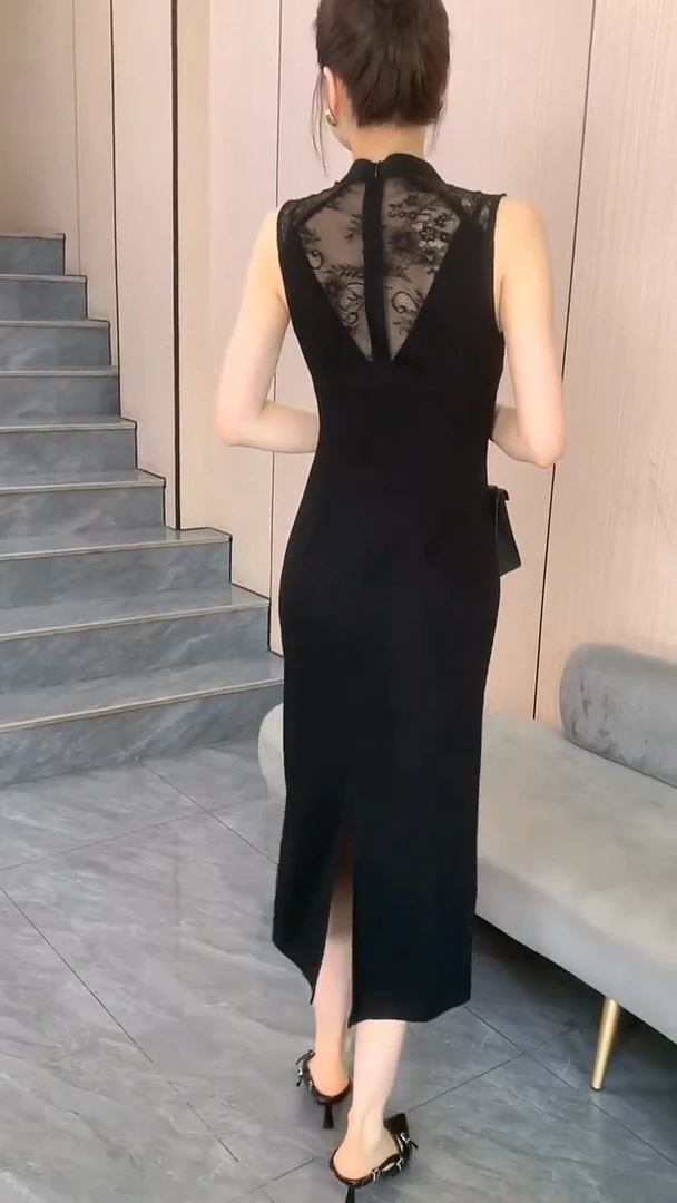 0夏季新款国风时尚立领无袖拼接蕾丝设计感旗袍连衣裙女