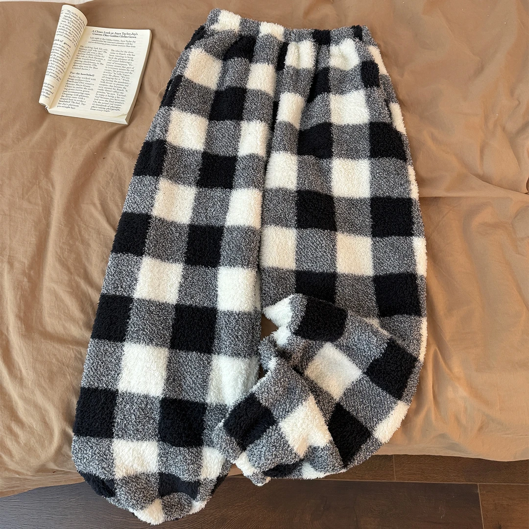 珊瑚绒睡裤女秋冬季大码加厚仿半边绒可外穿黑格暖暖裤居家长裤子