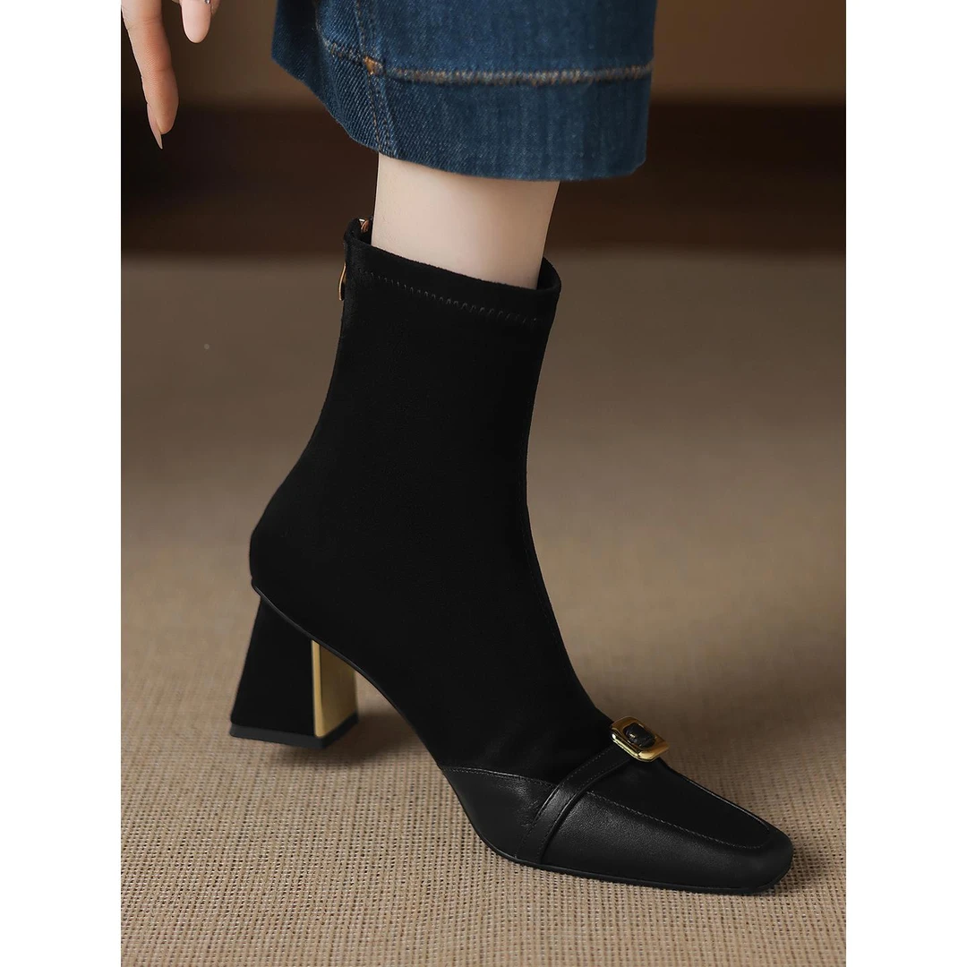 靴子粗跟短筒尖头高跟鞋显瘦弹力靴2025秋冬新款百搭短靴女大码41