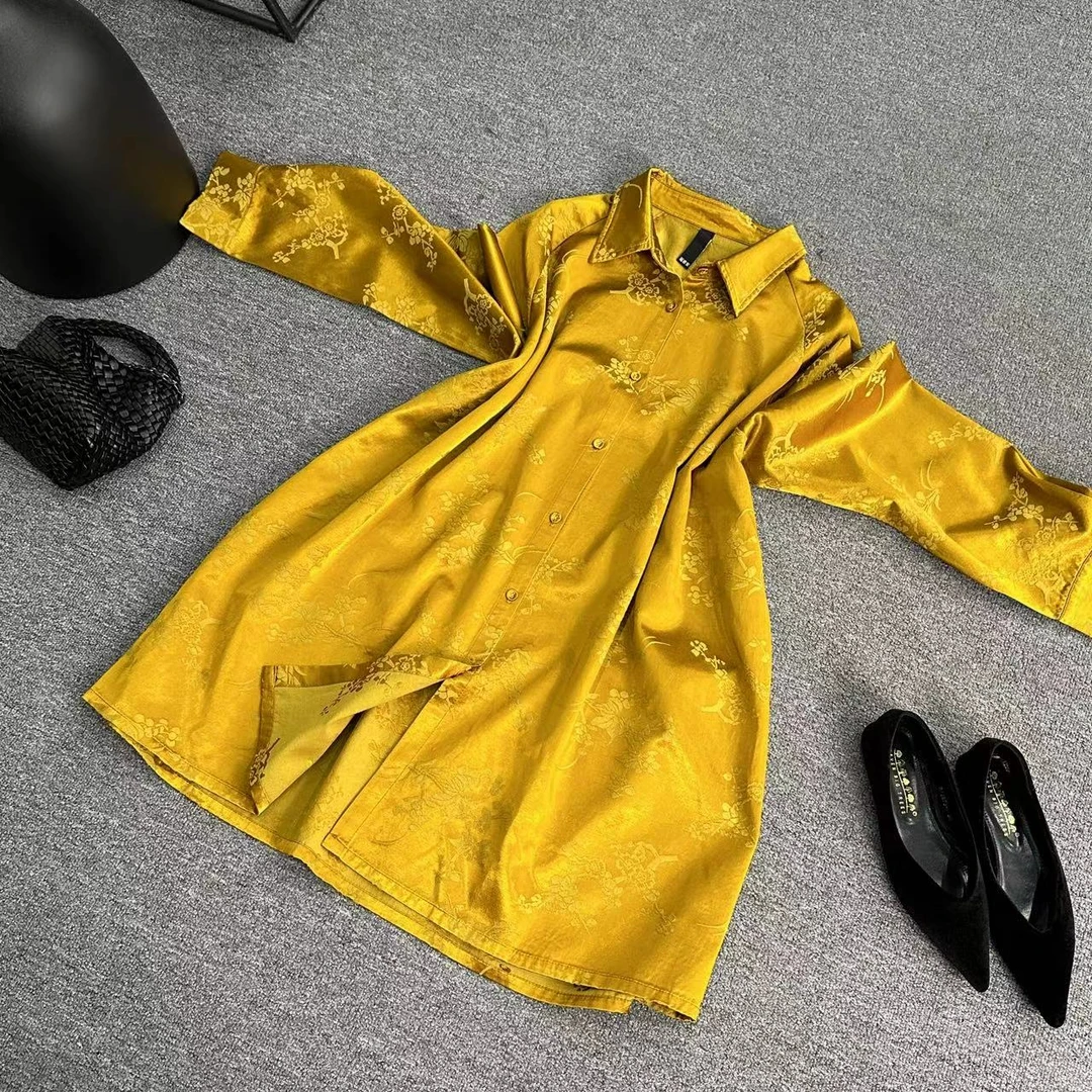 瑶睿安220斤 2025春款醋酸绣花衬衫老钱风衬衣气质复古黄色1336