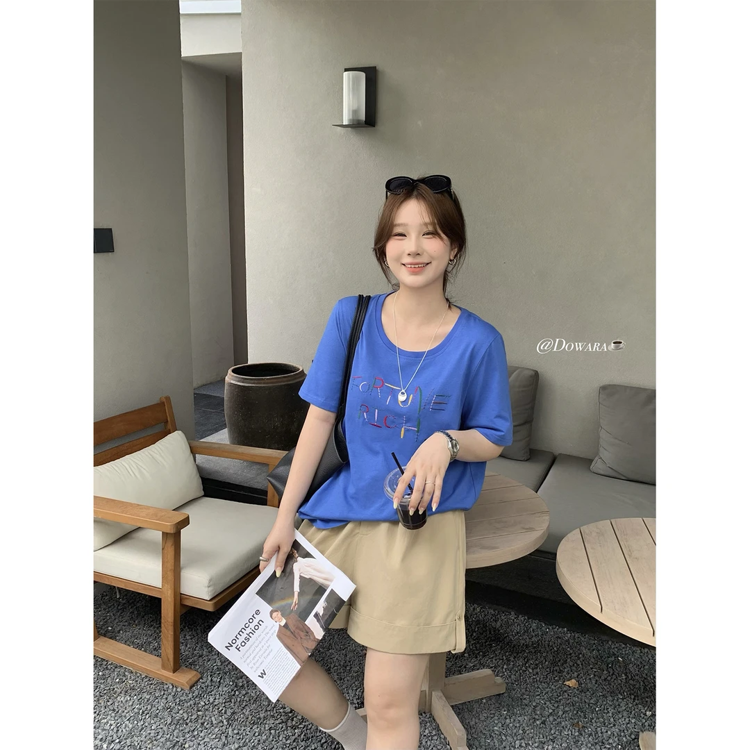 现货大婉酱微胖定制韩系纯棉彩色字母刺绣T恤女夏季撞色上衣8804D