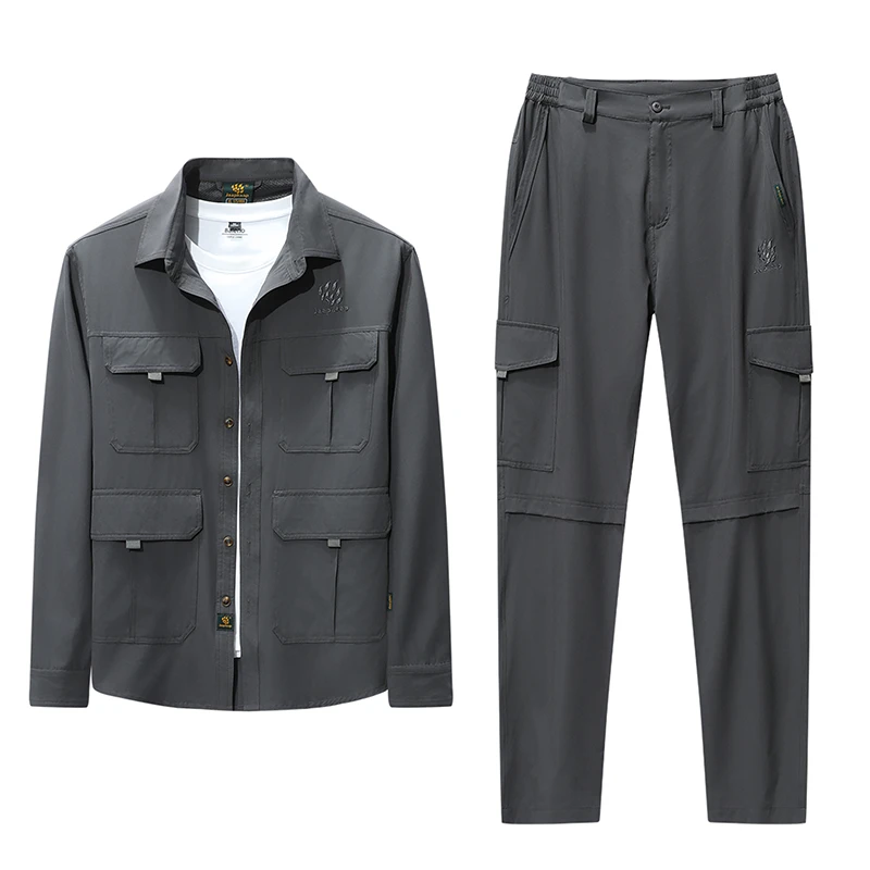 A019款弹力男士长袖四个口袋多袋裤时尚休闲户外套装宽松男装徒步