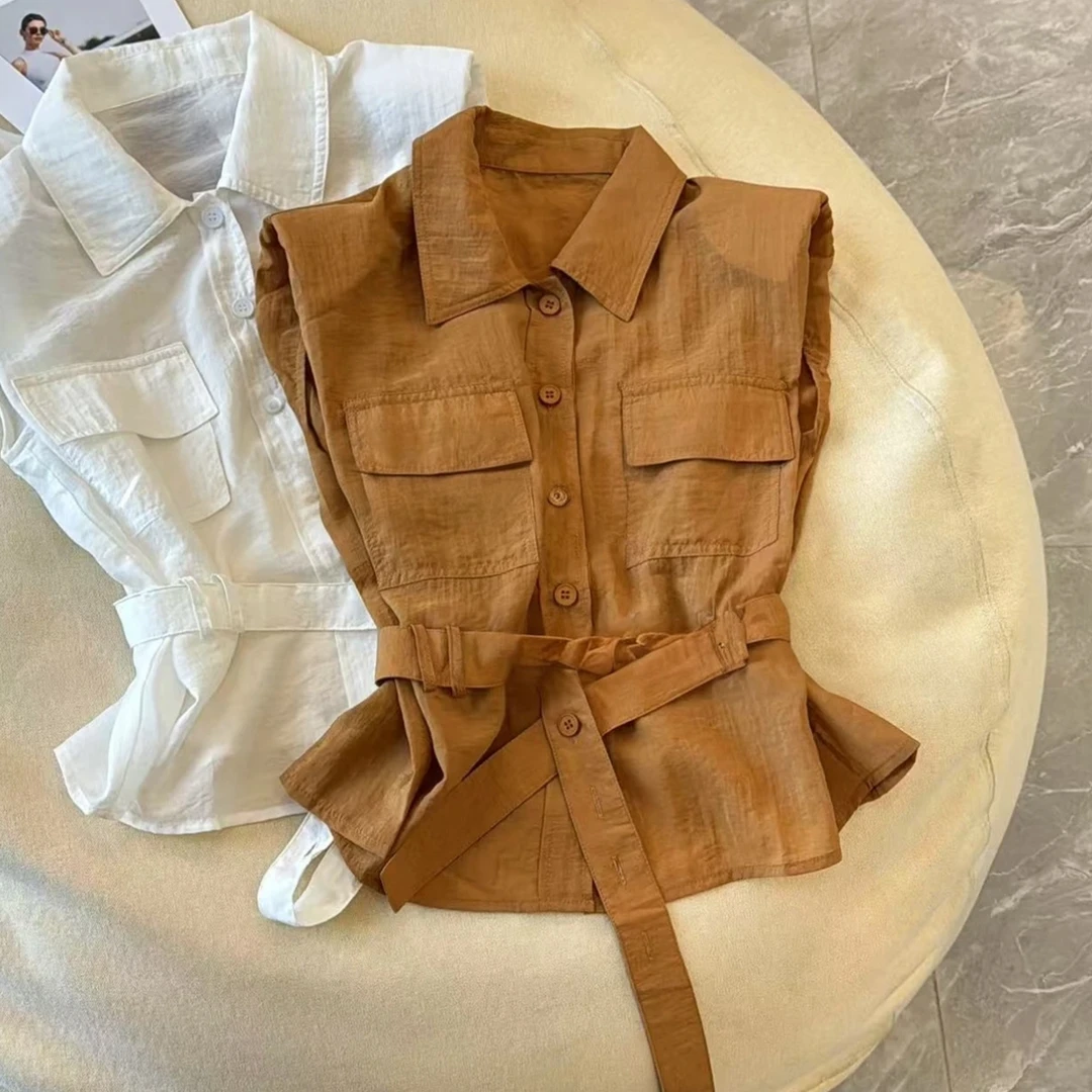 收腰显瘦坎肩袖气质小衫百搭女2025夏季新款显瘦纯色上衣夏季韩系