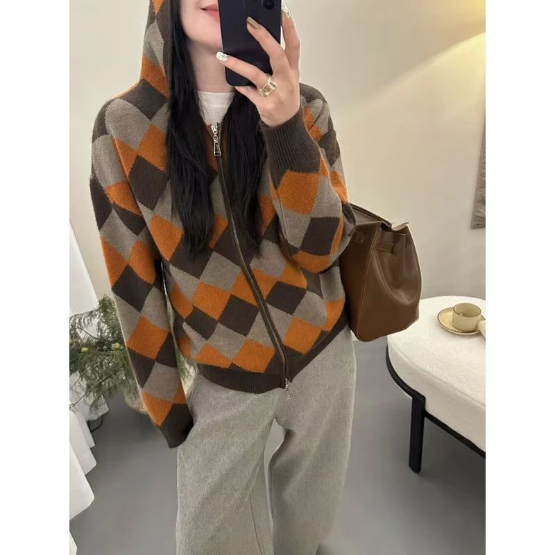 5708美式复古撞色菱格”连帽毛衣秋冬显瘦休闲宽松针织上衣