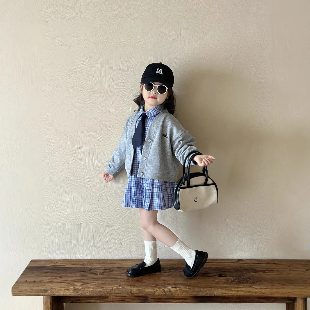2025春季新款韩版套装外套中小女童单排扣外套休闲领带格子连衣裙