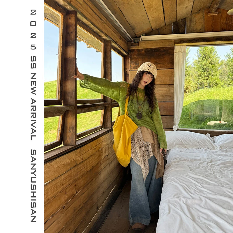 三与十三|绿草如荫|春季镂空圆领宽松针织衫慵懒风长袖罩衫上衣T