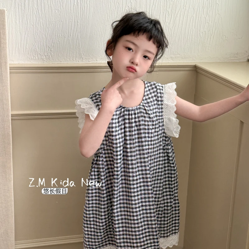 【悠长假期】2025夏季儿童背心裙棉布裙格子裙女童连衣裙H-19490