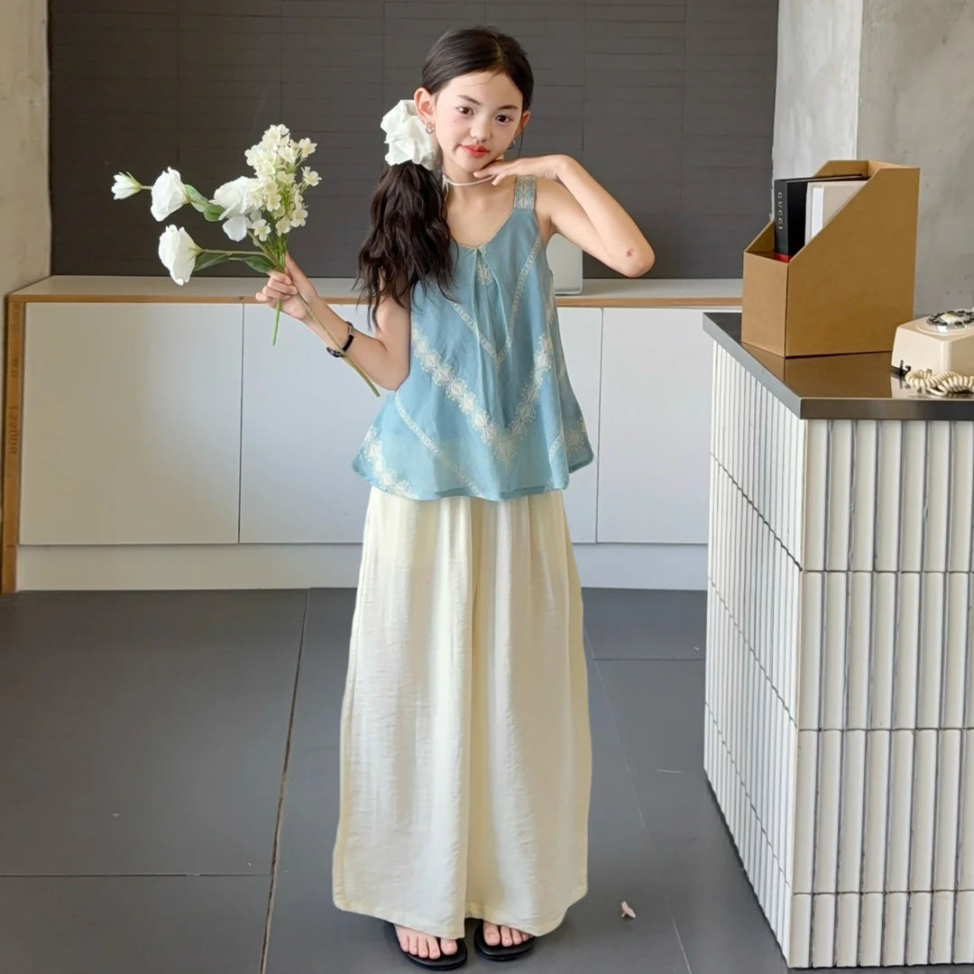 女童夏季套装2025新款洋气时尚高品质无袖两件套6-12岁中大童夏款