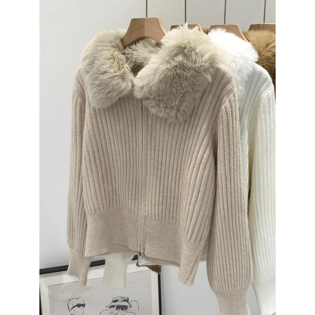 慵懒高级感软糯毛领针织开衫女秋冬季2025新款超好看短款外套上衣