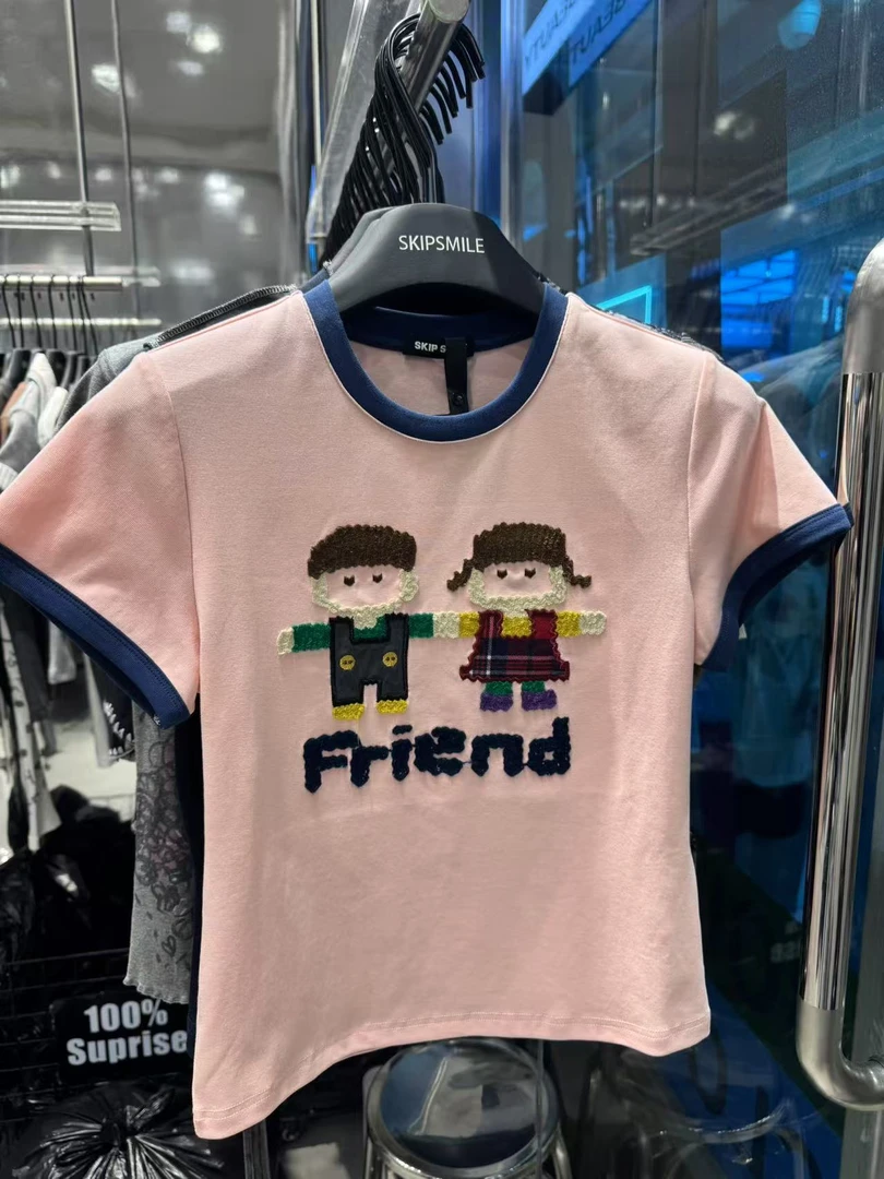 深圳南油高货原创skp家小人撞色领圆领常规短袖字母T恤