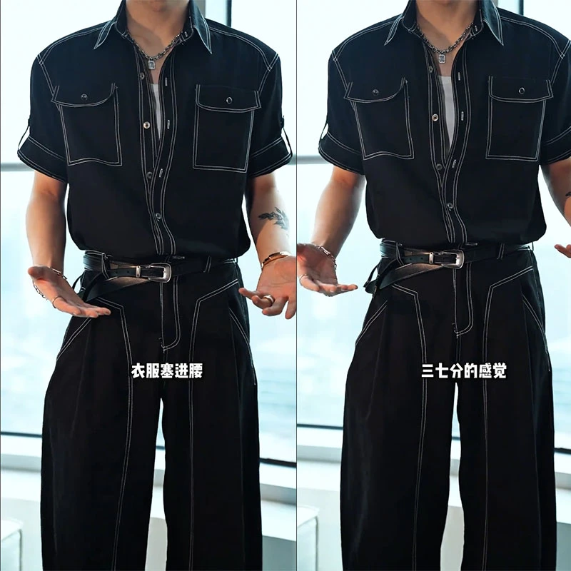 龙刀刀黑色个性工装风短袖复古休闲港风时尚套装纯色短袖时尚套装