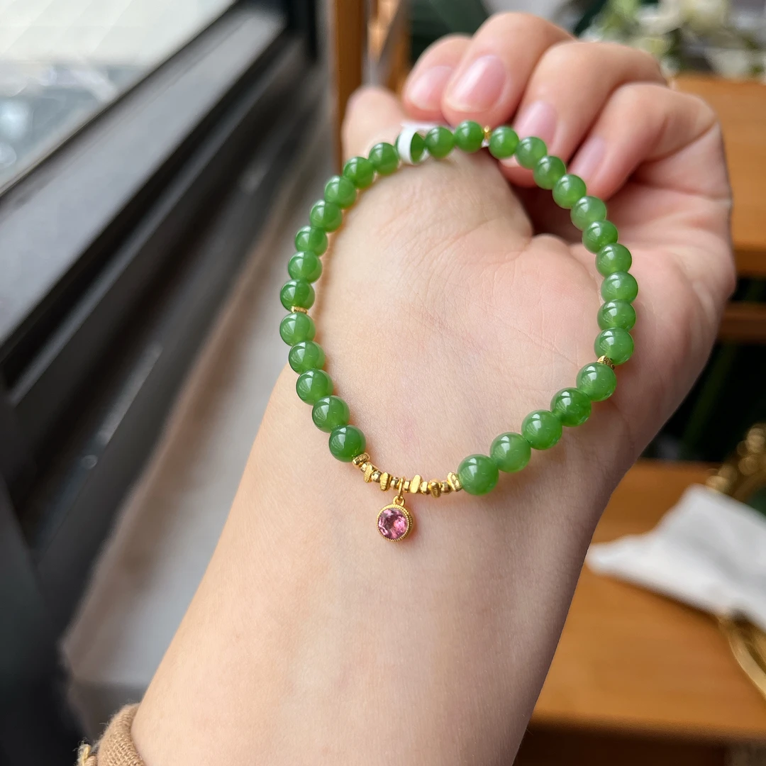 【珠宝厂长】约5mm正阳绿碧玉18K金配件DIY手链