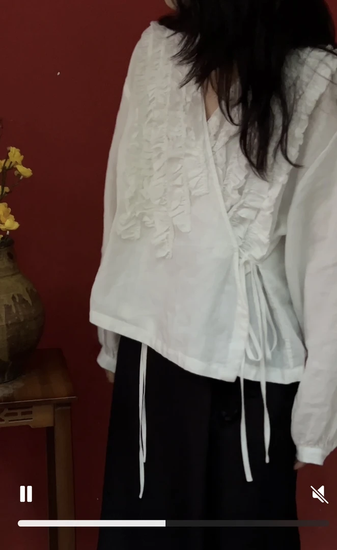 wansc&晚山茶 手工木耳边苎麻系带衬衫