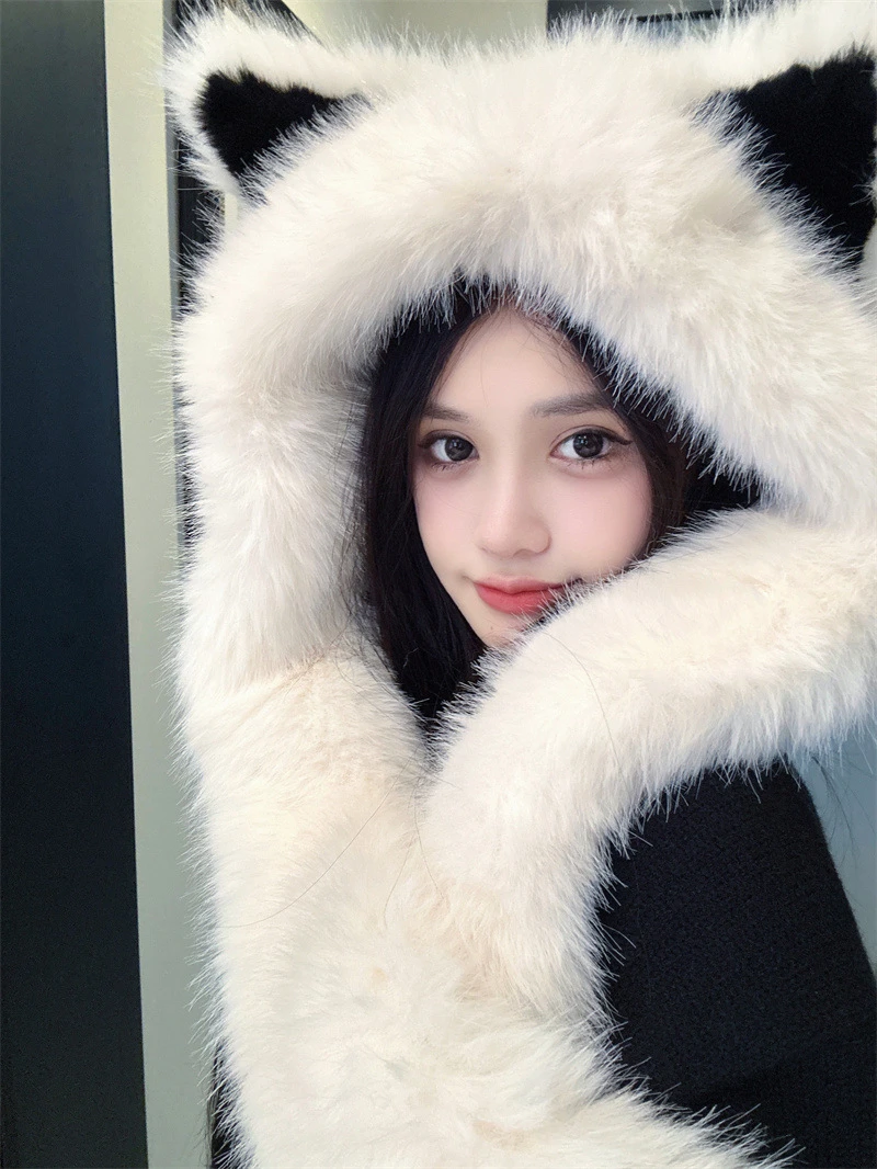 T正版 冬季氛围感高级加厚毛绒狐狸耳朵帽子围巾一体防寒护耳帽