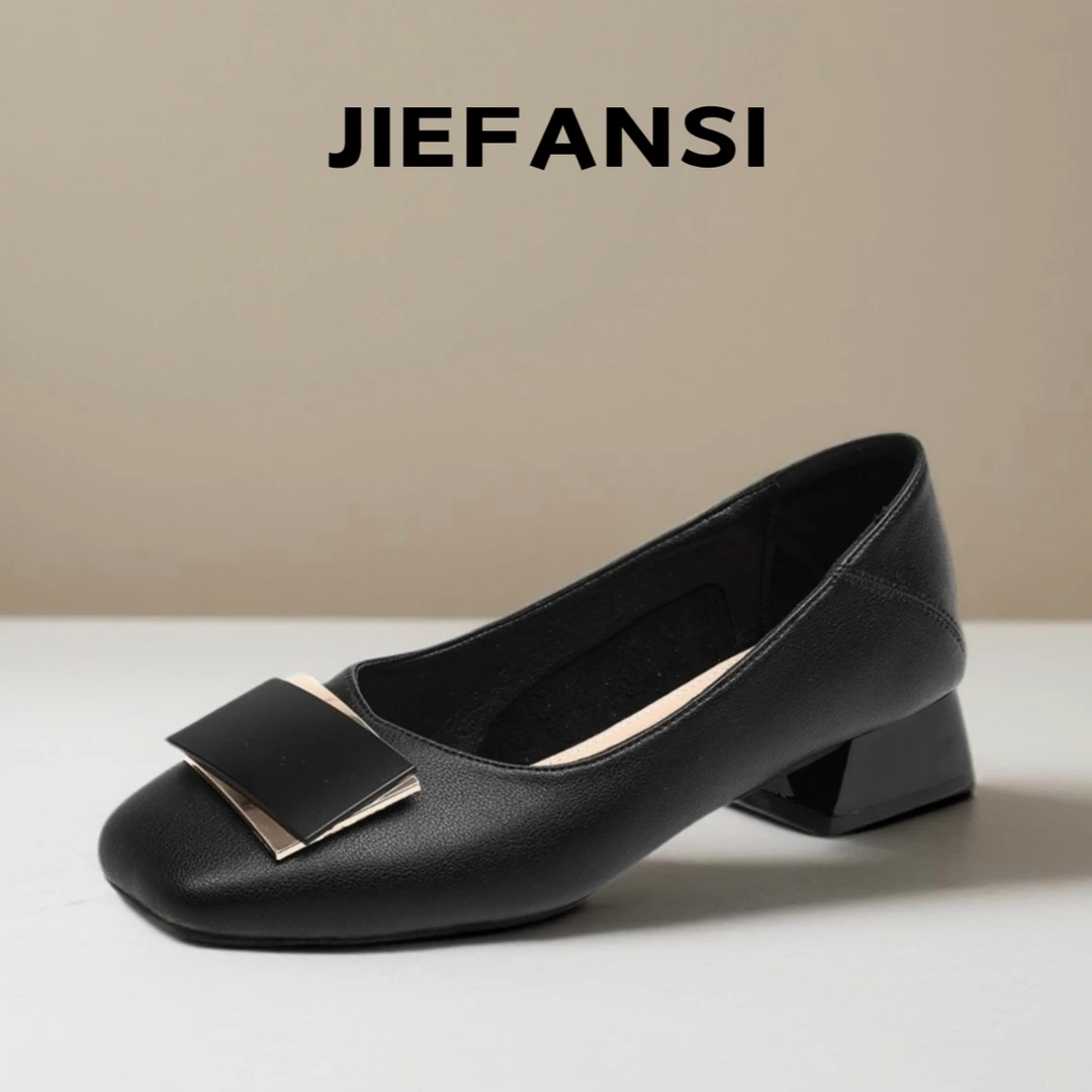 牛皮方头低跟浅口单鞋女妈妈鞋2025年秋季款平底舒适时尚百搭女鞋