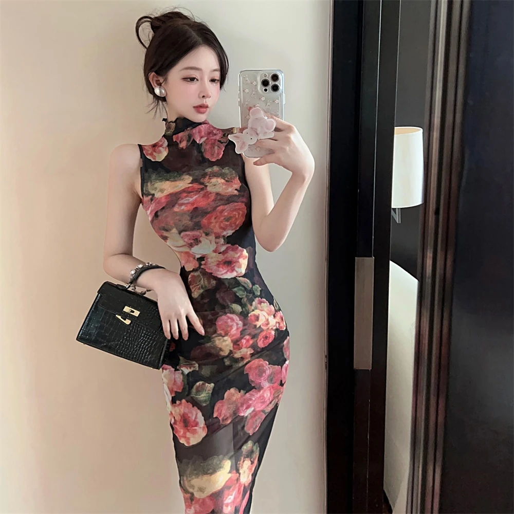 女人味性感优雅花色网纱露肩连衣裙法式气质高腰显瘦包臀复古长裙