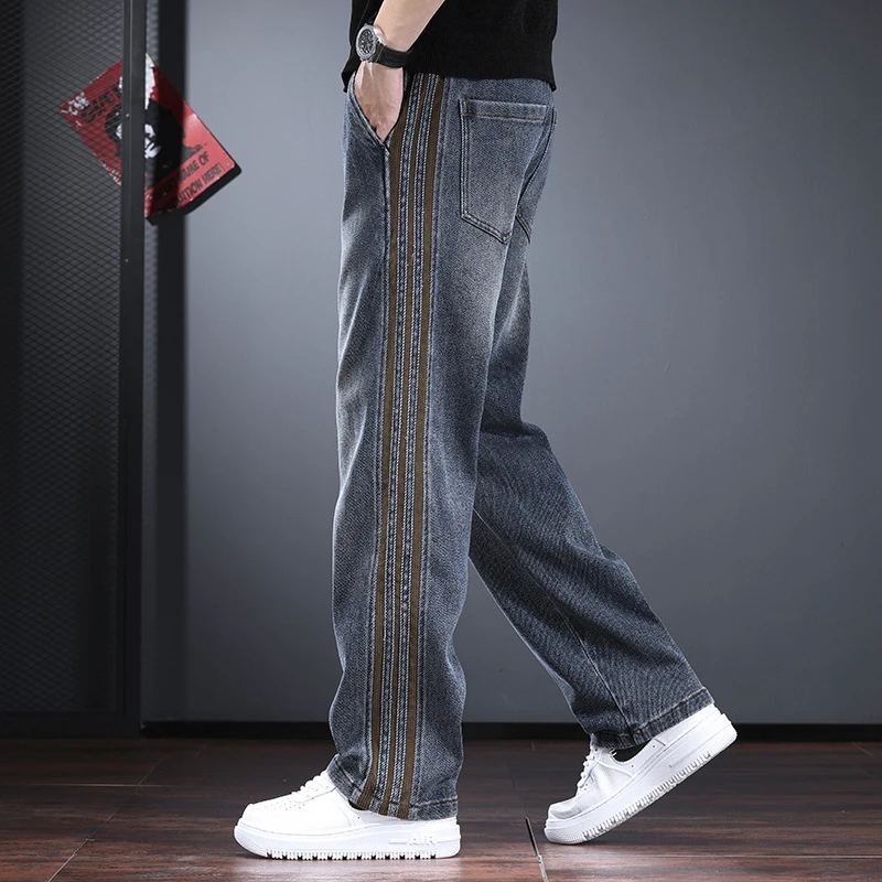斯里卡琪休闲牛仔裤男秋冬款潮牌高级感宽松直筒长裤测边条纹男裤