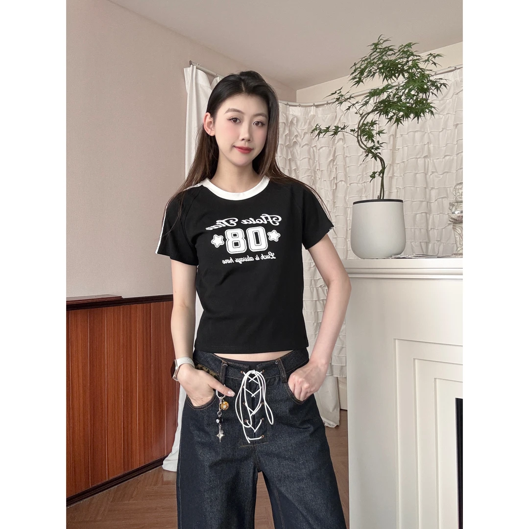 【饭困了】美式辣妹正肩圆领紧身短款蕾丝边棒球款女款T恤