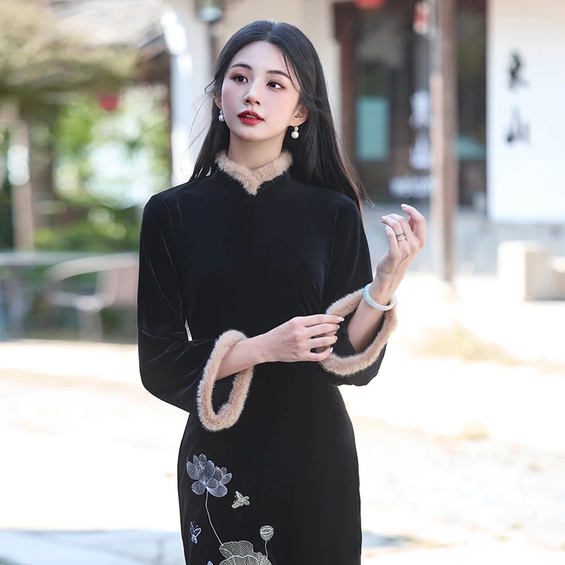 绝美新中式旗袍2025新款日常可穿上海加厚秋冬复古妈妈改良连衣裙