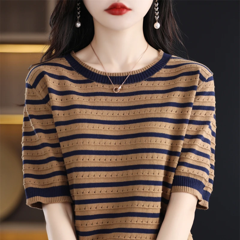 不起球100%纯棉线镂空条纹圆领针织短袖 洋气百搭T恤