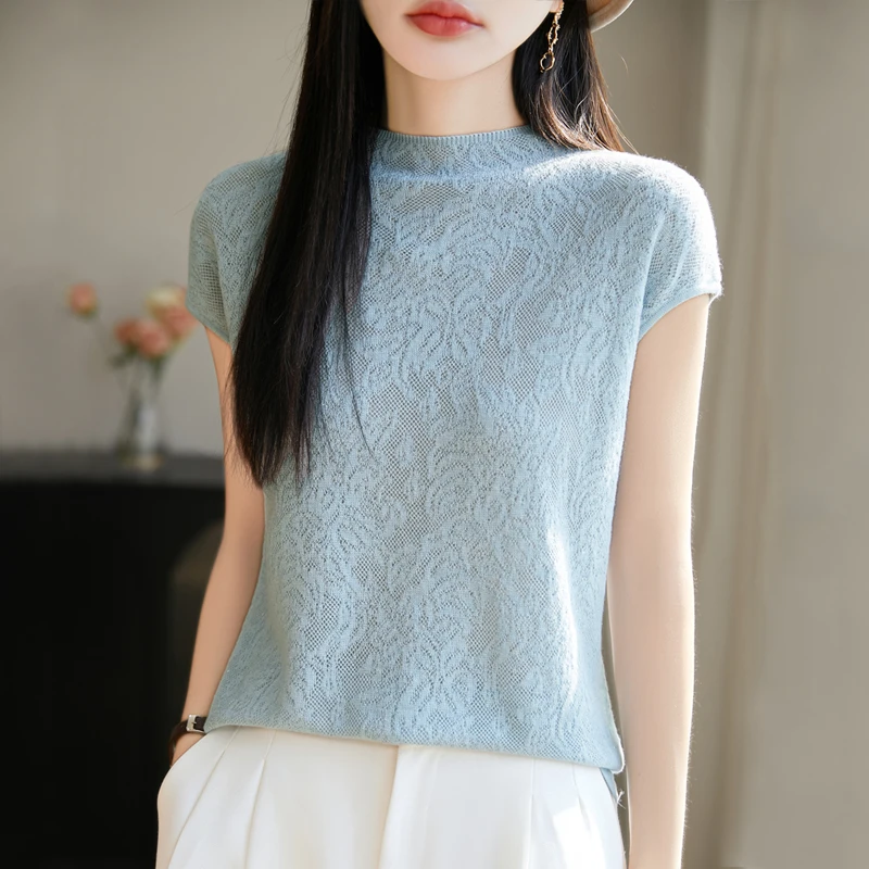 2025年春季蕾丝镂空圆领精仿羊毛短袖套头针织衫洋气半高领半袖