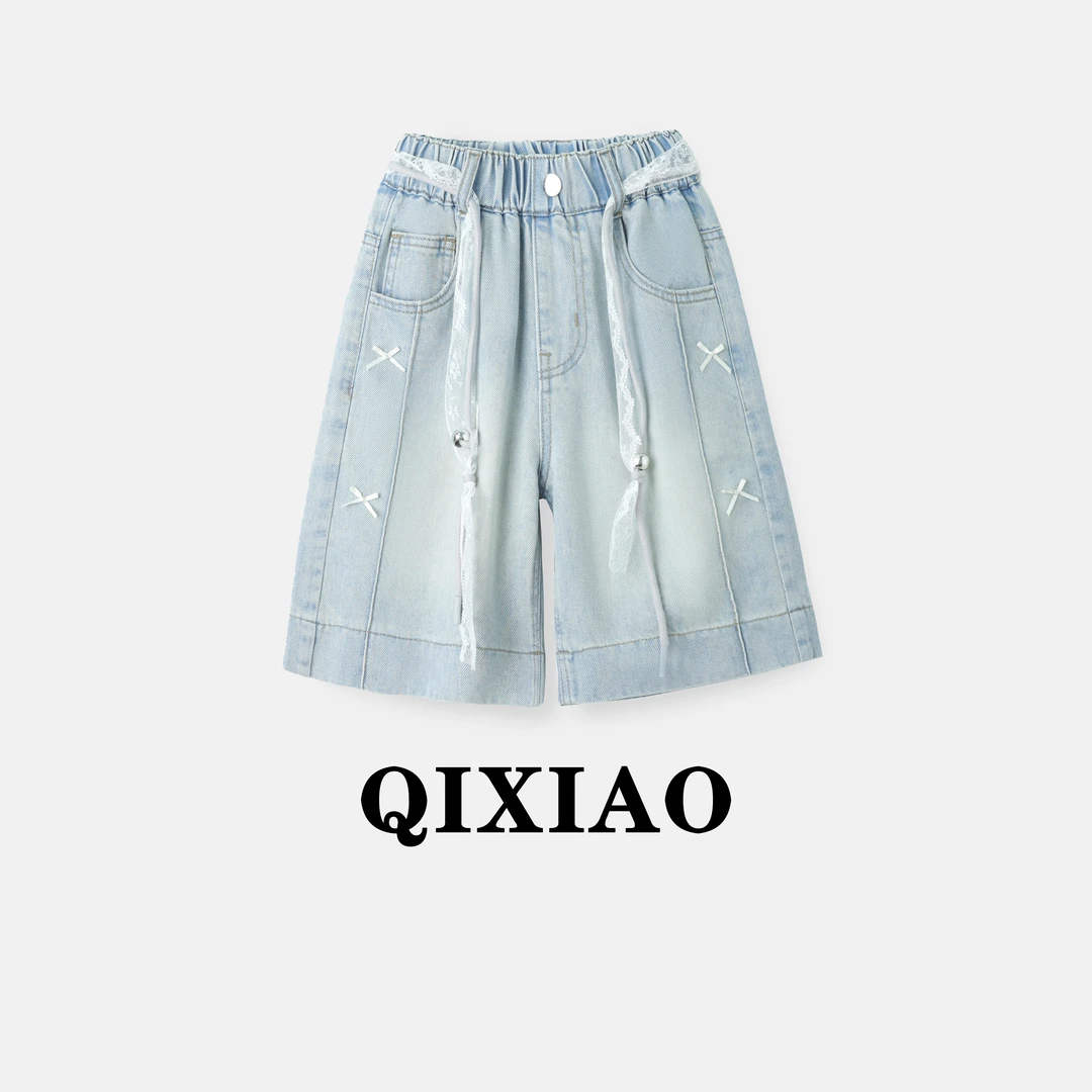 女童夏季牛仔中裤夏直筒新款蝴蝶结设计款儿童百搭牛仔五分裤A077