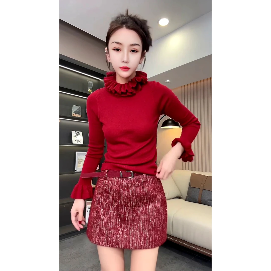 木耳堆堆领套头针织打底衫洋气时尚百搭休闲柔软净版打底衫