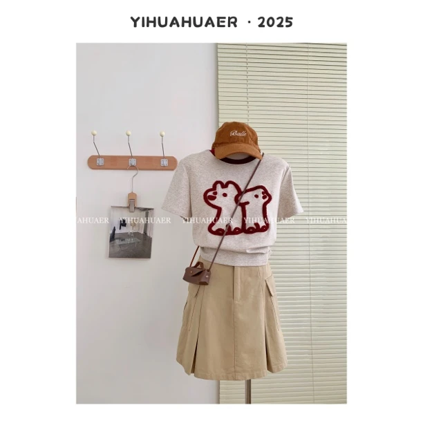 【对望小狗】东大门韩系夏款撞色刺绣减龄休闲T恤2756