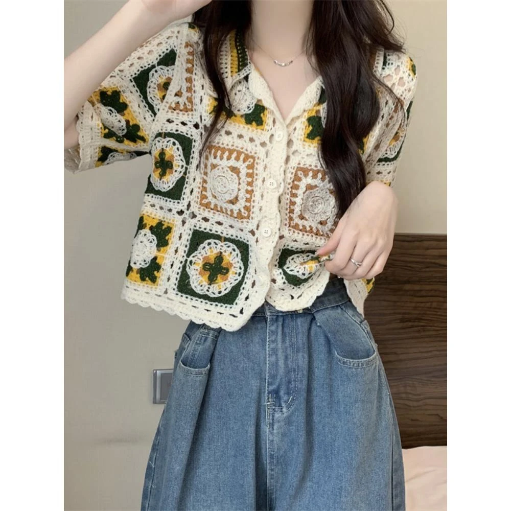 法式复古钩花镂空短袖衬衫女夏季设计感小众洋气独特别致短款上衣